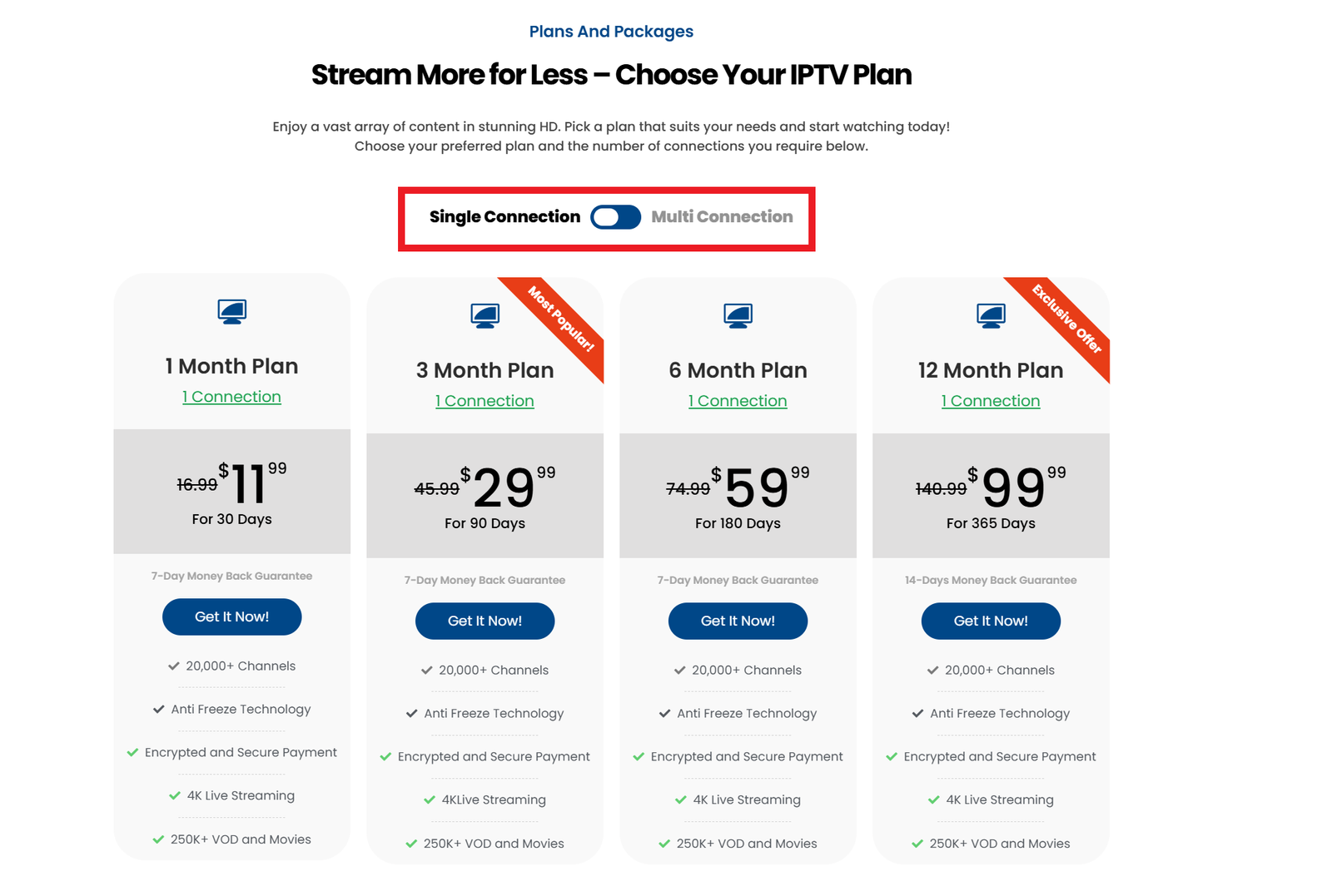 Image: Pricing plans from the best multiple connection IPTV provider in 2025, featuring single and multi-connection options, 20,000+ channels, 4K streaming, and 250K+ VODs.