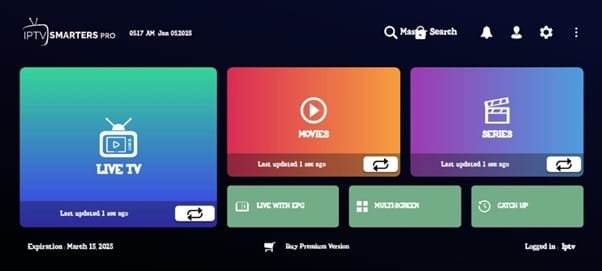 IPTV Smarters Pro interface for seamless streaming, featuring Live TV, Movies, and Series options – part of our IPTV Firestick Installation Guide 2025