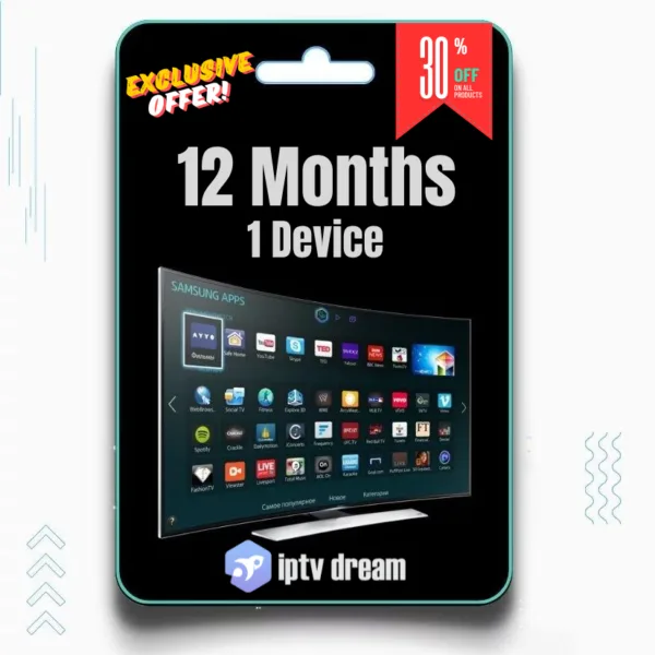 Twelve Months One Device IPTV Plan – Premium streaming access for one device with a 12-month IPTV subscription