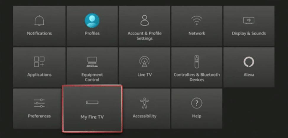 Settings menu with 'My Fire TV' option selected to access system settings on FireStick 2025.