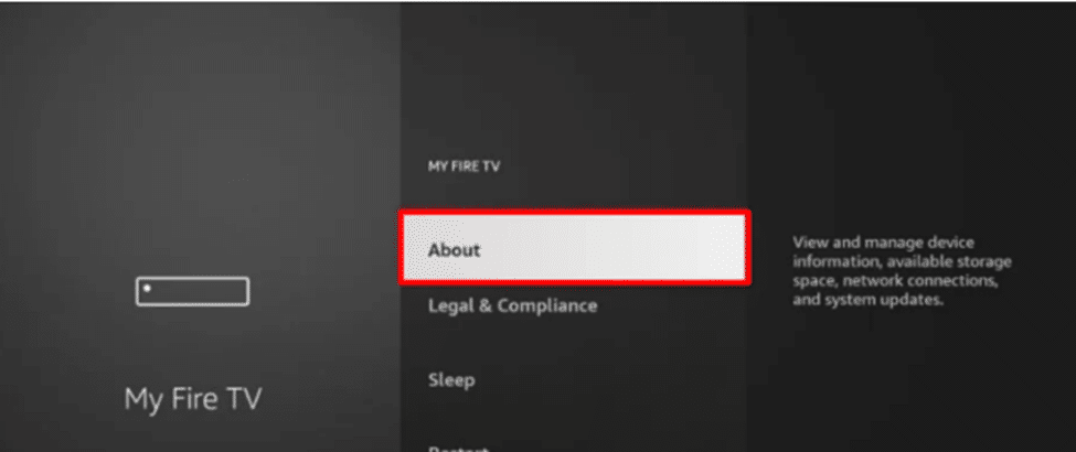 My Fire TV menu highlighting the 'About' tab to locate Developer Options on FireStick to enable developer options on firestick