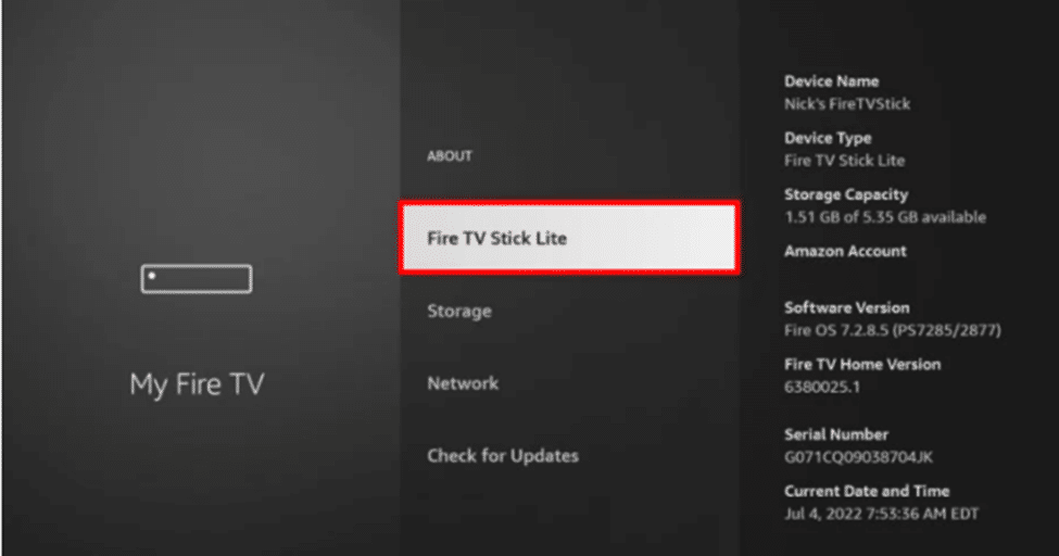 User tapping the FireStick device name seven times using the remote to enable developer options on firestick
