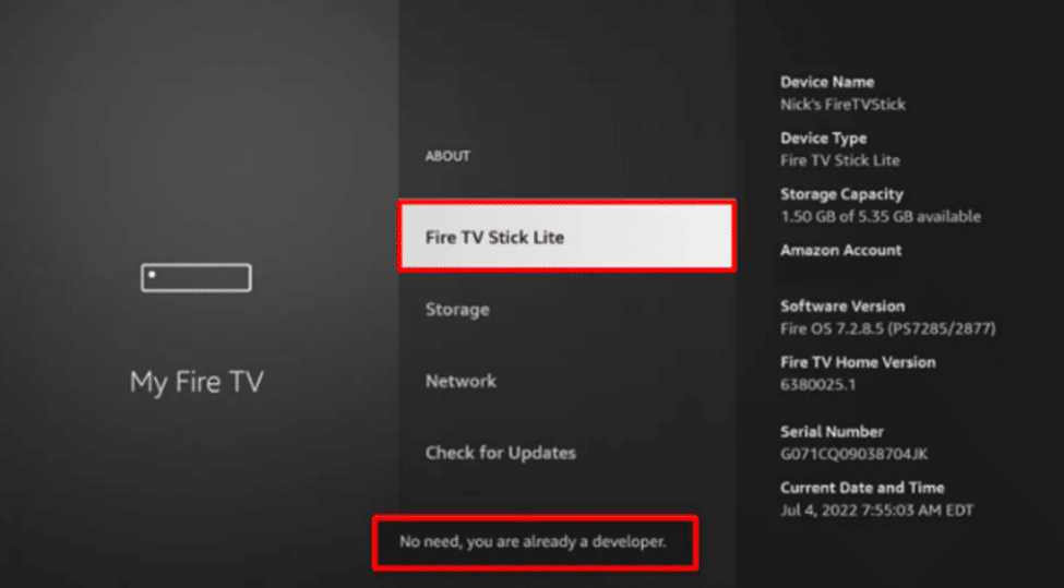 On-screen notification: 'No need, you are already a developer' confirming Developer Options activation.
