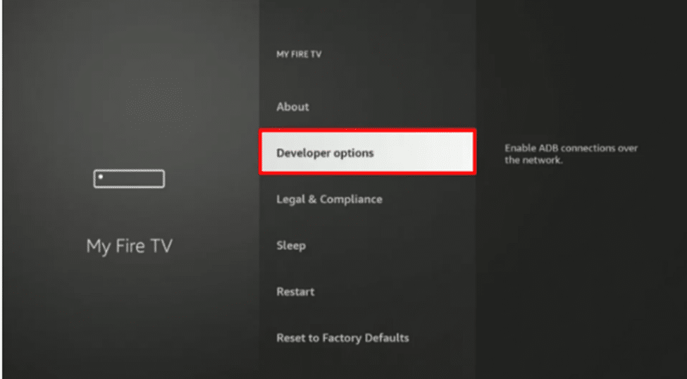 My Fire TV menu displaying the newly enabled Developer Options for FireStick customization.