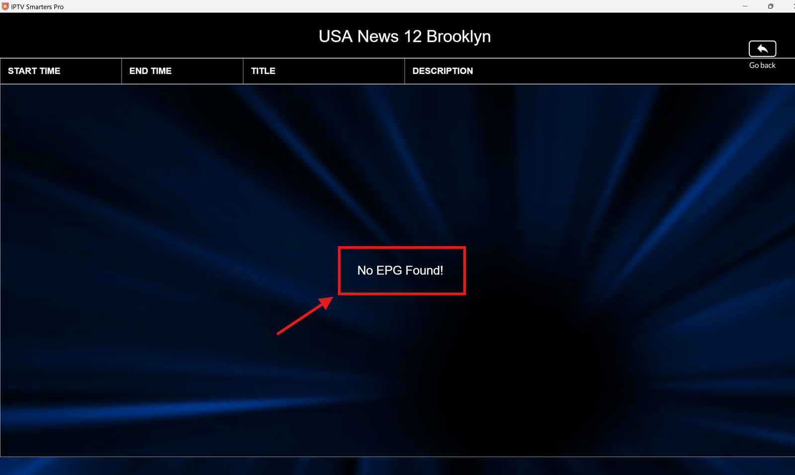no epg found - shown on  IPTV Smarters Pro